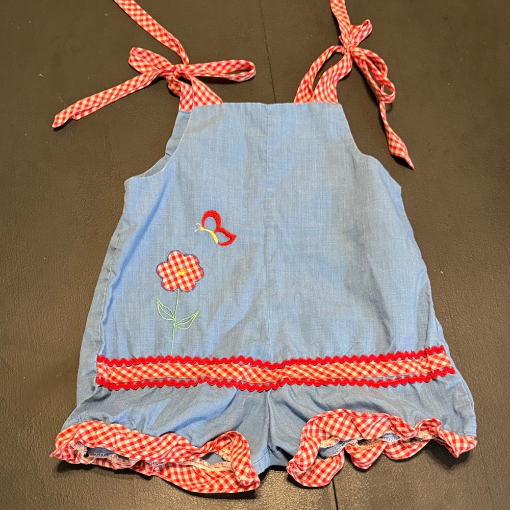 Vintage Blue Chambray Girls Romper with Red Gingham Trim
